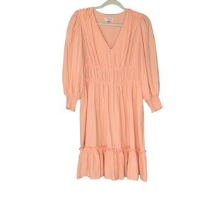 Calvin Klein light‎ peach seersucker v-neck long sleeve midi dress. EUC Size 10